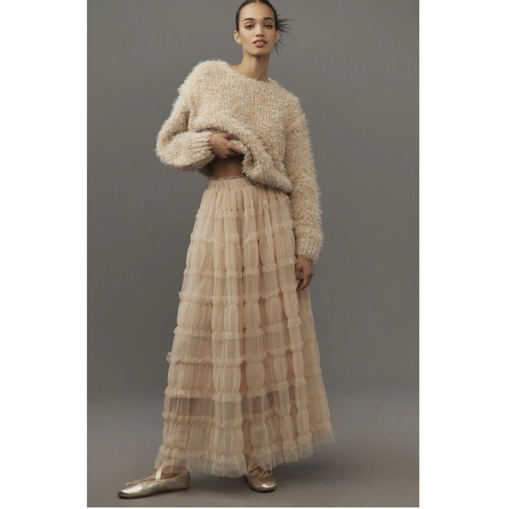 Anthropologie Shirred Tulle Preppy Maxi Skirt Sz XS Light Sand NWT
